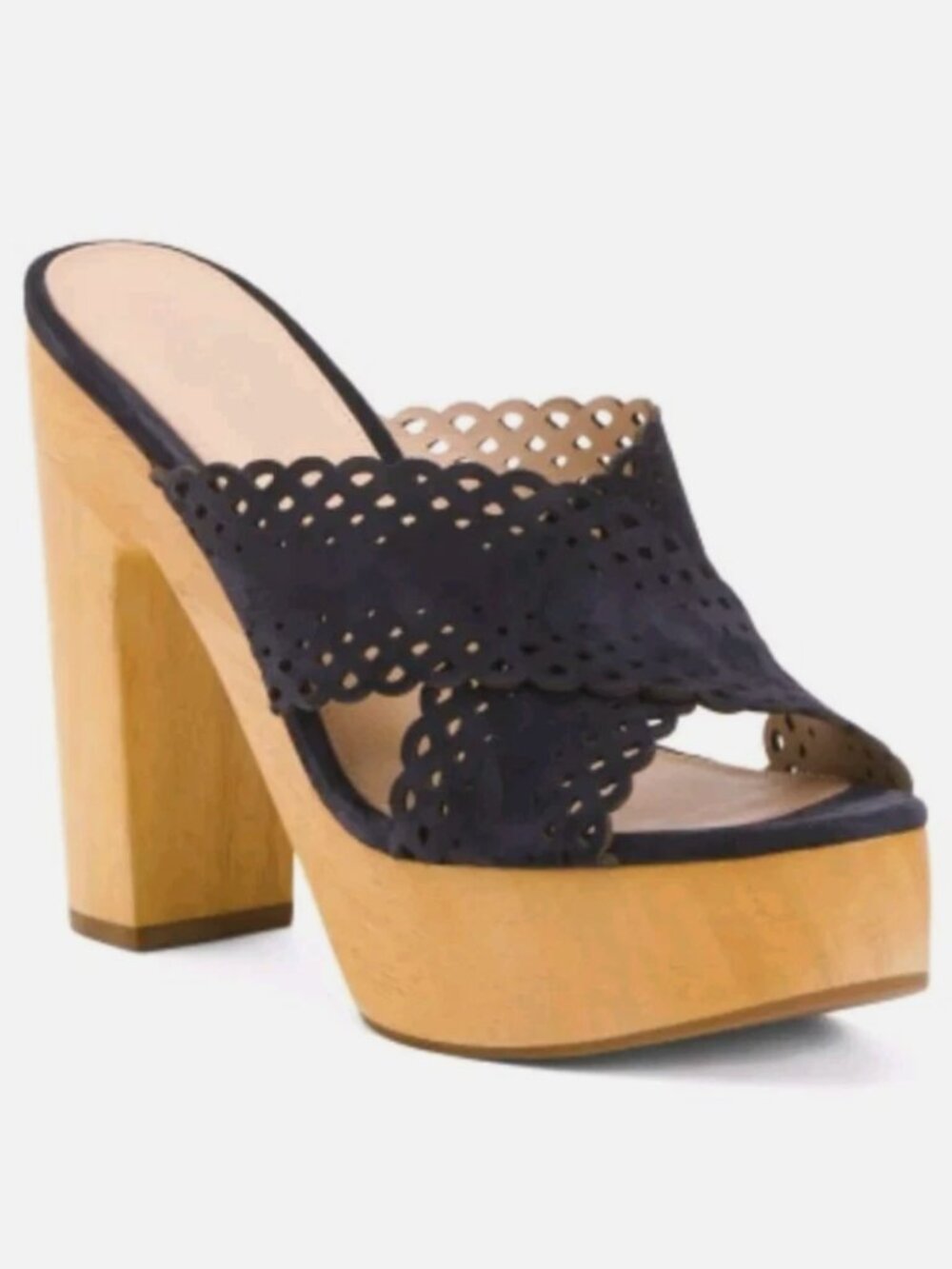 Veronica Beard Gaynor Suede Platform Heel Sandals Navy Size 6.5 Scalloped Edge